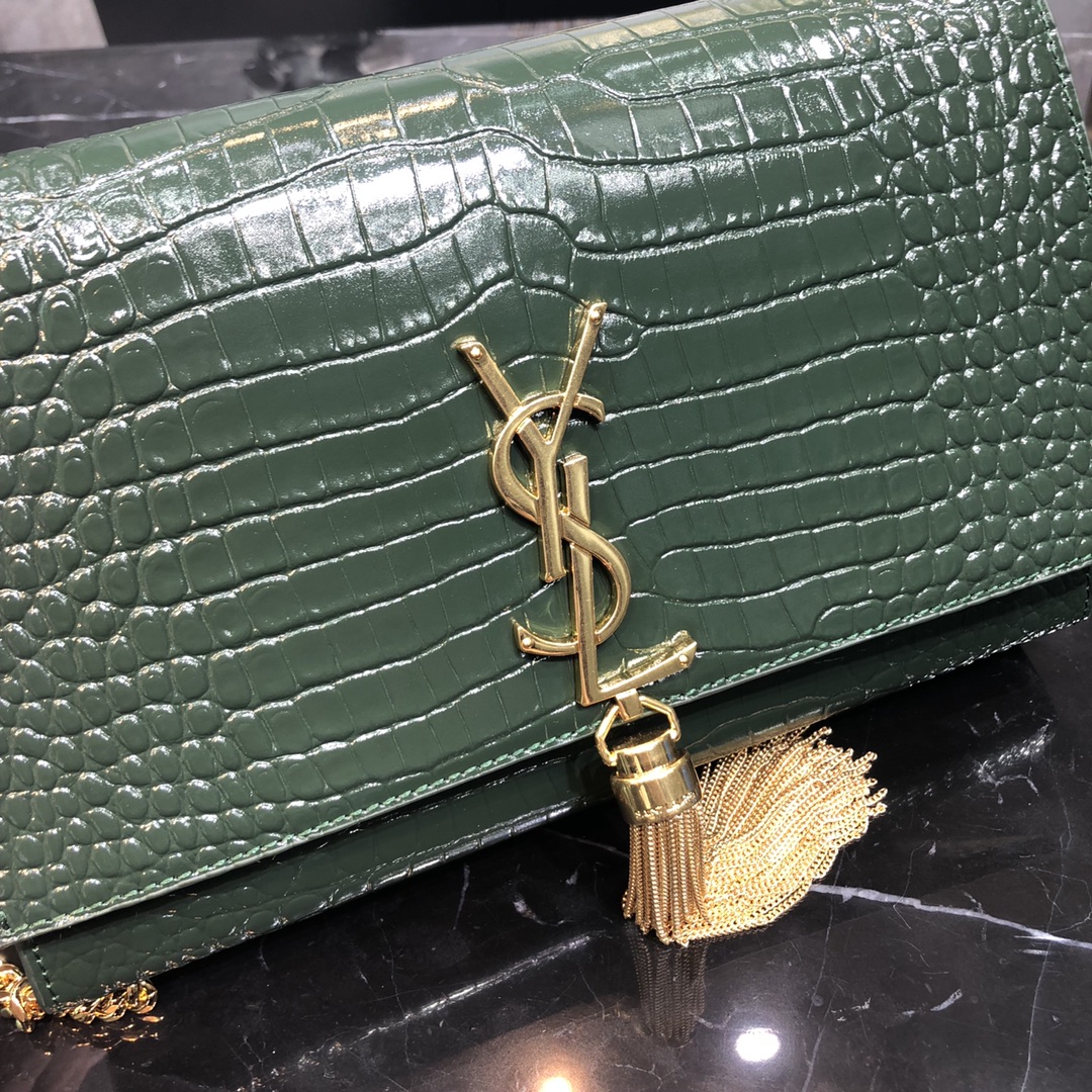 Saint Laurent Kate Tassel Medium Crocodile Embossed Calfskin Shoulder Bag Army Green 354119 Gold